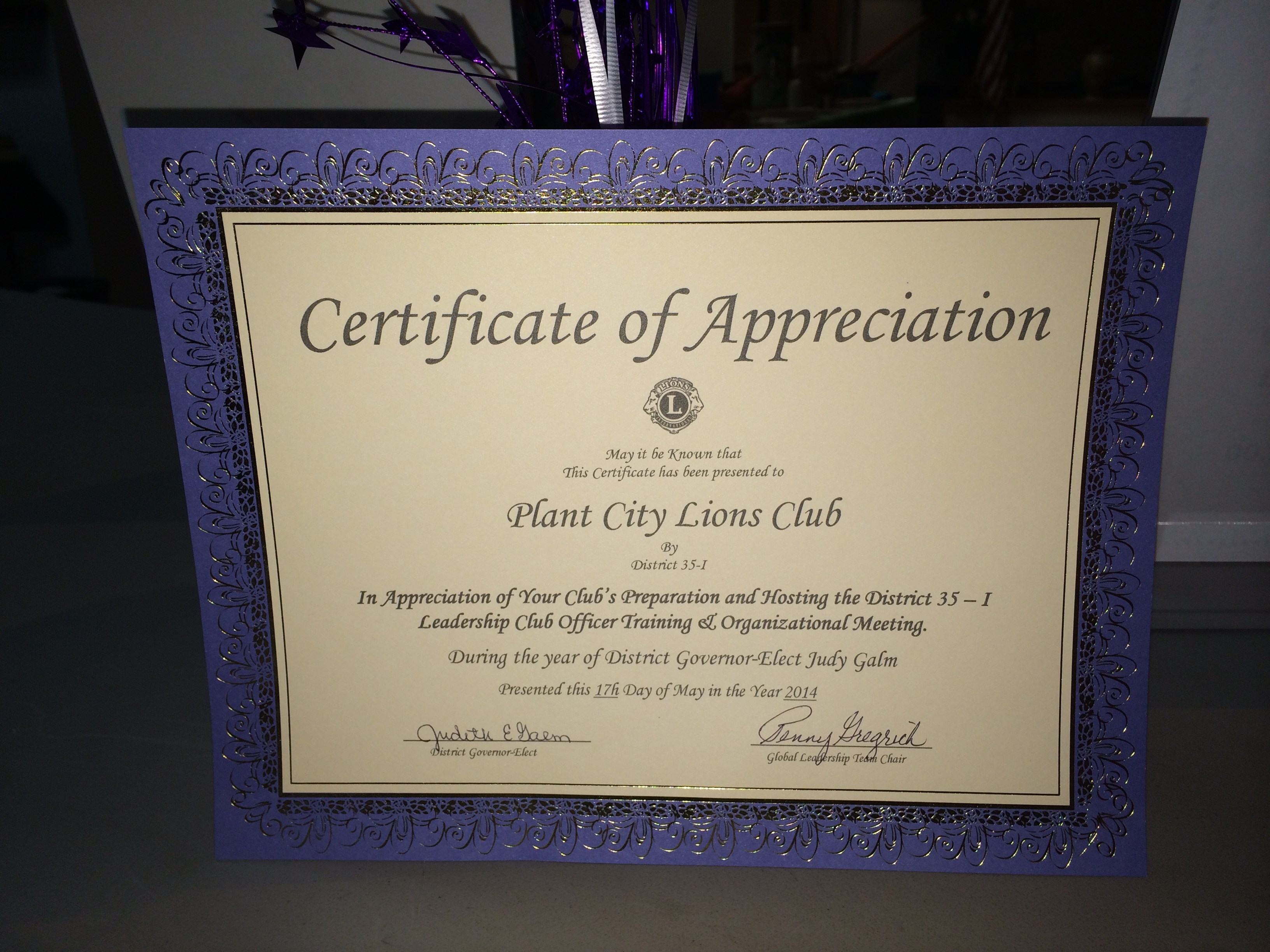 Certificate For Plant City Lions Club Hosting The Organizational Meeting
